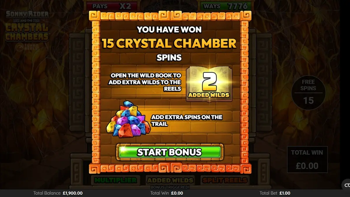 Pemandangan hutan Aztec dan reruntuhan kuno dalam slot Sonny Rider & The Crystal Chambers