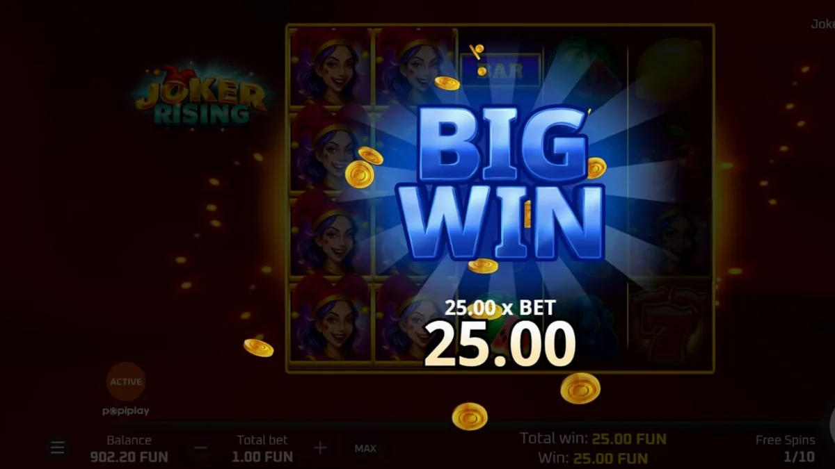 Tampilan visual slot Joker Rising dengan simbol buah neon dan karakter Joker