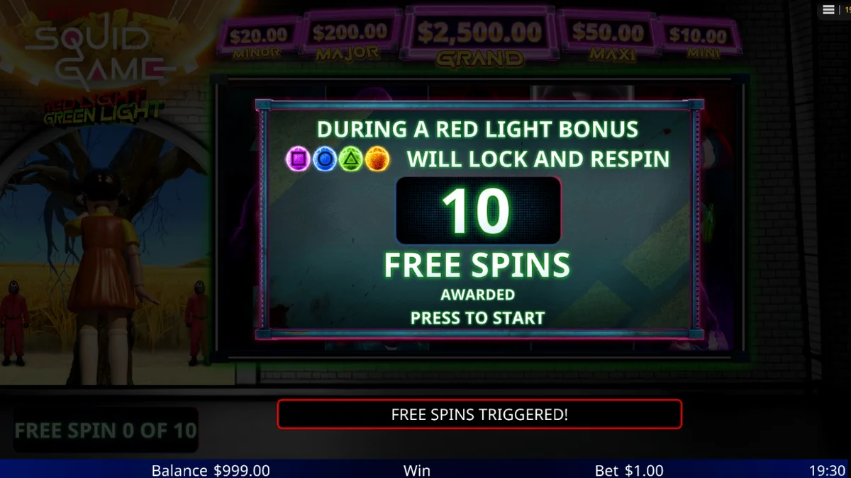 Tampilan visual slot Squid Game: Red Light, Green Light dengan elemen ikonik.